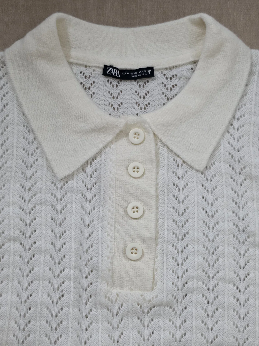 NWOT Zara Openwork Soft Polo Shirt - Beige Size M - Picture 6 of 9